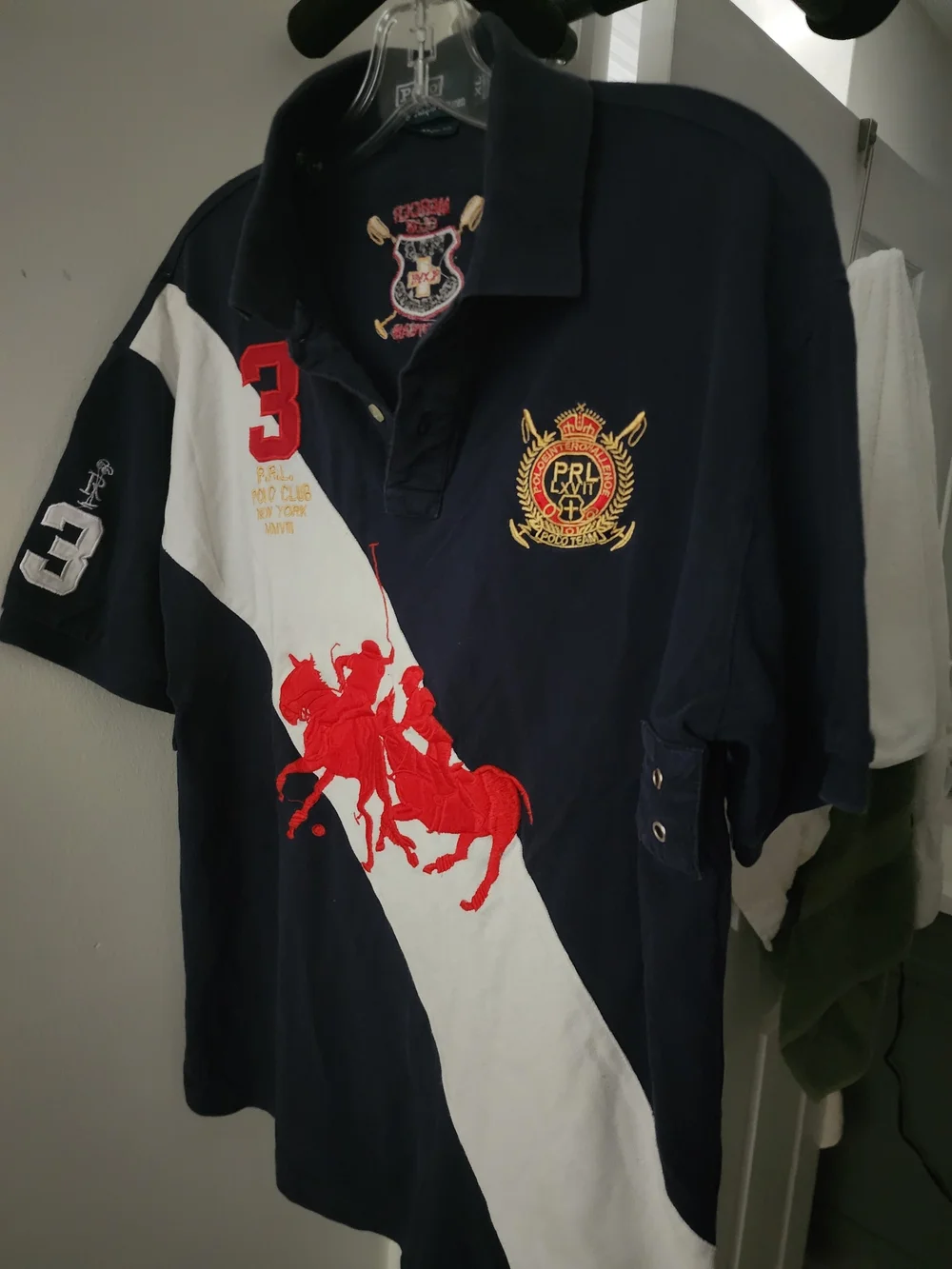 Ralph Lauren Navy Polo with White Diagonal and Red Polo Graphic. Unisex. XS-S.